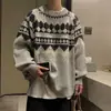Suéter de Natal Fair Isle, masculino, estilo japonês retrô, modelagem solta, grosso, vintage, camada interna moderna, tricô de inverno, atacado