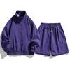 2025 Explosões Verão Cor Sólida Gola Conjunto Esportivo de Duas Peças Masculino Bonito Japonês Fino Manga Longa Shorts Calças Comprimento Médio