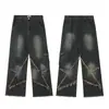 Jeans Retrô Americano High Street personalizado com rasgos de estrela de cinco pontas lavados marca de moda masculina e feminina Calças casuais retas Street