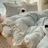 Juego de Ropa de Cama de Algodón Puro Estilo Coreano Estilo Princesa Cuatro Piezas ins Estilo Fresco Floral con Encaje Juvenil Sábana Ajustable de Algodón Puro Funda de Edredón Individual 4