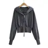Sudadera con Capucha de Color Sólido y Cremallera Doble con Parches para Mujer, Nuevo Estilo Otoño 2025, Corte Ajustado, Chaqueta Cardigan Corta