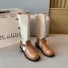 Botas Longas com Fivela Retro Femininas Outono Inverno Novo Salto Bloco Patchwork Botas de Cano Alto Botas da Moda Botas para Viagem ao Ar Livre Montaria