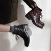 Botas de Trabalho Confortáveis de Couro de Cabra de Primeira Camada Macio Inverno 2025 Salto Grosso Salto Médio Bico Redondo Couro Genuíno Cadarço Botas Curtas para Mulheres