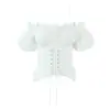 8134-25 Estilo Novo de Inverno Francês Doce Bordado Vazado Ombro a Ombro Manga Lanterna Cintura Ajustada Afinando Blusa com Alças