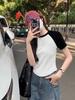 Vintage Costura Contraste Cor Bainha Irregular All-match Top Verão Básico Gola Redonda Slim-fit Camiseta Curta Feminina Ins