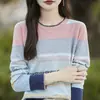 Camiseta base ligera, elegante y versátil para mujer, nueva para primavera y otoño, algodón puro, bloques de color, rayas de arcoíris, tejido jacquard, manga larga