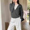 Tricô Falso Duas Peças Suéter Feminino Estilo Preguiçoso Outono e Inverno Estilo Coreano Solto Decote V Manga Longa Top
