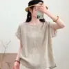 2026 Verano Nuevo Algodón Lino Patchwork Encaje Bordado Ribete de Encaje Suéter Camisa Transpirable Artístico Manga Corta Encaje