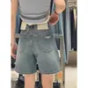 Shorts de Mezclilla Azules Rasgados para Mujer, Estilo Delgado de Verano, Tallas Grandes, Cintura Alta, Adelgazantes, Cuerpo Forma de Pera, Shorts de Cinco Puntos Pierna Ancha de Longitud Media