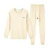 Conjunto de duas peças liso para casa com gola redonda para outono e inverno para meninos e meninas mais velhos 2026, roupa íntima térmica juvenil de algodão Lycra