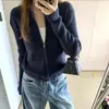 Cárdigan de punto con cremallera azul marino, estilo fino para mujer, chic coreano de principios de otoño, ajuste ceñido, chaqueta suéter que ciñe la cintura, de longitud corta