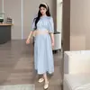 Novedad de Verano 2026: Elegante Vestido de Maternidad Vintage de Cuadros Azules con Mangas Cortas