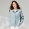 Camisa de Manga Larga de Color Sólido Nueva Primavera Estilo Coreano Simple Cuello de Solapa Un Botón Bolsillo Bordado Top Versátil para Mujer