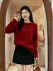 Suéter Coreano Estilo Perezoso Rojo Cuello Redondo para Mujer, Primavera Temprana 2026, Corte Holgado, Adelgazante, Versátil, Manga Larga, Tejido Suave
