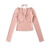 Início da Primavera Nova Quente Garota Sexy Decote Cadarço Cintura Manga Longa Camiseta Moda Feminina Ajustada Camiseta Básica
