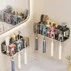 Portacepillos de dientes sin taladro, vaso para cepillos de dientes, estante integrado de almacenamiento montado en la pared, portacepillos de dientes para lavabo de baño, soporte para cepillos de dientes