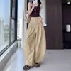 Cós estiloso com cordão, barra com babados, calça pantalona, calça longa de corte solto, calça casual para mulheres, coleção de outono, cintura alta, cinza, caimento relaxado