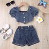 Ropa Infantil Transfronteriza Europea y Americana para Niñas, Top de Verano de Corte Ajustado con Cuello y Manga Linterna, Set de Mezclilla con Múltiples Botones y Mangas Abullonadas