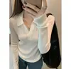 ¡Seda y lana! Suéter de punto con cuello polo, camiseta básica de manga larga, elegante suéter para mujer 3956