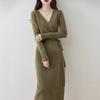 Vestido Largo con Cuello de Cuatro Puntadas para Mujer en Otoño e Invierno con Textura Estéreo y Falda de Corte Ajustado con Diseño de Botón de Disco Chino