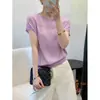 Camisa de Tricô Manga Curta com Detalhe de Contas Vazadas em Lyocell Tencel para Mulheres, Nova Camiseta Top de Verão Solta e Fina