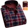 Camisa Térmica Masculina Espessa em Fleece Escovado, Camiseta Casual Moda Xadrez de Manga Longa de Algodão para Homens Jovens e de Meia-Idade