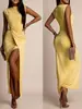 Vestido Elegante de Cor Sólida Sem Mangas para Mulheres com Cinto Torcido, Fenda Alta, Caimento Justo, Vestido Longo Bodycon, Vestido de Festa à Noite