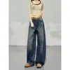 Jeans Scimitar Retro Americano para Mulheres, Tendência Outono e Inverno Versátil Novo Estilo Design Solto Calças de Pernas Largas