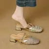2026 Nuevas Mules Cerradas Tejidas Estilo Francés para Mujer, Sandalias de Verano con Tacón Grueso, Huecas, Transpirables, de Moda, Versátiles, al por Mayor