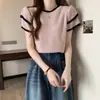 Tricô de Malha Fina Estilo Coreano Manga Curta Feminino Verão 2026 Estilo Suave Vazado Emagrecedor Malha Camiseta Top