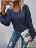 Producto Nuevo Transfronterizo para Sitios Web Independientes Primavera/Verano 2025: Camiseta de punto gofrado con cuello en V y manga larga para mujer, informal, versátil, manga de farol