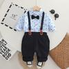 Comércio Exterior Roupas Infantis Primavera e Outono Terno para Meninos Estilo Cavalheiro Camisa Estampada Integral Gola Barco Gravata com Suspensórios Conjunto de Duas Peças Estilo Britânico