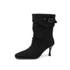 Botas holgadas de tacón alto de gamuza color té con leche Otoño/Invierno 2026 Botas de tacón alto de punta cuadrada con hebilla hasta media pantorrilla talla grande de mujer 41