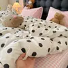 Estilo Xiaohongshu Algodão Lavado Simples Conjunto de Quatro Peças para Pousada Capa de Edredom Lençol de Cama Conjunto de Três Peças para Dormitório Estudantil Xadrez Pêssego Listrado