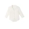 Camisa branca MR [Fibra de Bambu] gola V, manga média, coleção outono feminino nova, design sofisticado, cintura marcada, mangas três quartos