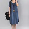 Pronta Entrega Verão Estilo Coreano Plus Size Feminino Algodão Puro Lavado Jeans Saia Vestido de Comprimento Médio Manga Curta Gola Redonda Solto