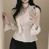 Camisa de rayas de alta gama para mujer, cuello en V, cinturón de corbata, top de nicho, Dongdaemun, Corea