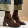 Botines ajustados elásticos de retazos retro estilo francés en color marrón para mujer, punta cuadrada, cremallera trasera, tacón alto, botines tipo calcetín para mujeres petite