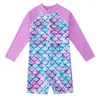 Roupa de banho infantil de manga comprida para meninas, maiô de sereia de peça única, roupa de surf com proteção solar para crianças maiores, moda praia para meninas