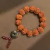 Pulseira Natural Vintage de Sementes de Rudraksha Nepalesa com Pele Vermelha e Amarela de Cinco Pétalas, Contas Budistas Unissex para Meditação e Decoração