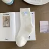 Calcetines con Lazo para Mujer, Calcetines de Media Pantorrilla de Gato de Dibujos Animados, Calcetines Dulces de Encaje Estilo Ballet con Felpa para Mujer, Calcetines Azules y Blancos