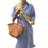 Vestido largo de estilo fresco a rayas con cuello, de un solo pecho, estilo camisa, transfronterizo para mujer