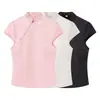 Ins transfronteiriça Europeia e Americana 2026 nova moda elegante feminina atacado novo estilo chinês manga curta multicolor gola alta carcela diagonal camisa