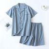 Conjunto de shorts de manga curta xadrez de linha única em algodão lavado masculino e feminino, com lapela, para casais