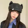 Boina fofa estilo Melard com orelhas de gato, chapéu octogonal de couro moda outono/inverno feminino, chapéu de pintor Y2K doce e cool