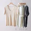 Camiseta de Lino Acetato Cuello Huevo de Ganso para Mujer Tencel Lyocell Delgado Transpirable Dobladillo Pequeño Estrecho Cuello en U Hombro Normal Manga Corta Top para Mujer