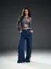 Calça Jeans Feminina Retrô de Novo Estilo Europeu e Americano com Decoração de Cadarço, Perna Larga Reta Solta e Relaxada