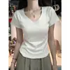 Camiseta de Manga Corta de Algodón Puro con Cuello Redondo Estilo Americano para Mujer, Diseño de Verano 2026, Versátil, Corte Regular en Hombros, Cintura Ajustada, Top Capa Interior