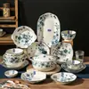 Conjunto de tigela e prato estilo japonês, tigelas de cor sob esmalte de alto valor vintage para uso doméstico, pratos, tigelas de sopa, tigelas de macarrão, pratos de jantar, louças de cerâmica