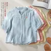 Camisa artística de gaze dupla, estilo novo verão 2026, para mães, cardigã, manga curta, modelagem solta, blusa de manga média, estilo chinês, para mulheres baixinhas